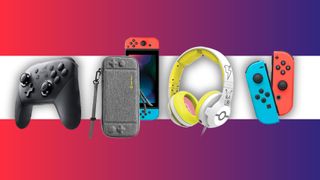 Various product shots of the best Nintendo Switch Accessories on a colourful background