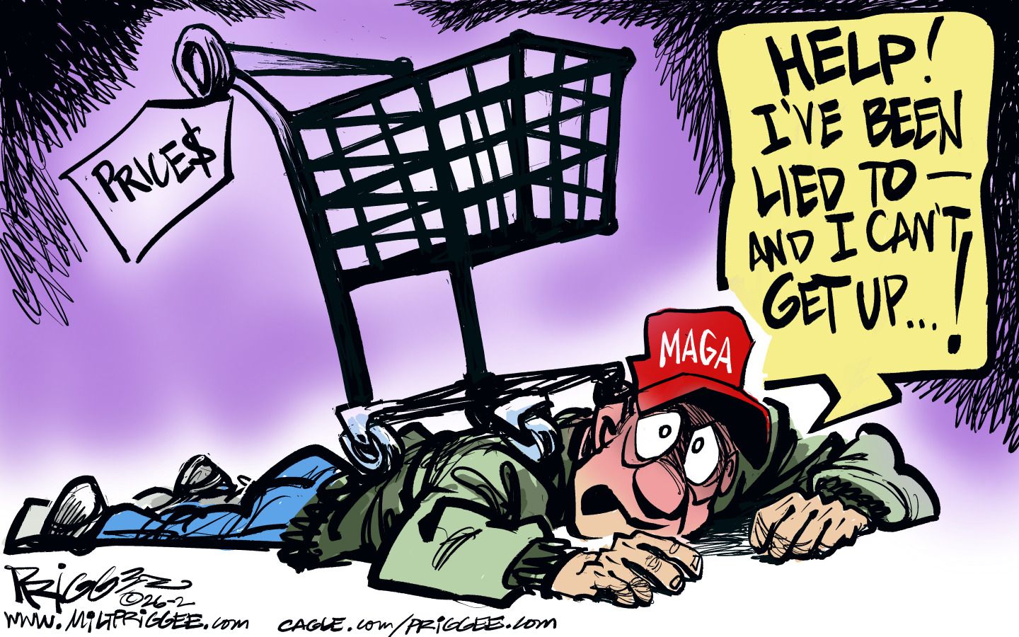 
                                A man in a MAGA hat has been run over by a grocery store cart with a tag labeled “prices$”. He says, “Help! I’ve been lied to and I can’t get up!”
                            