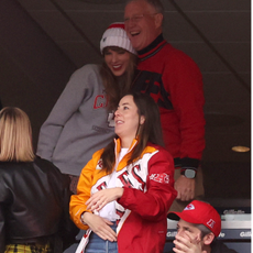 Brittany Mahomes looks on while Taylor Swift hugs Scott Kingsley Swift and Alana Haim cheers while the Kansas City Chiefs and the New England Patriots play at Gillette Stadium on December 17, 2023 