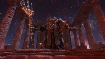 Mohg, Lord of Blood stands with arms outstretched in Elden Ring