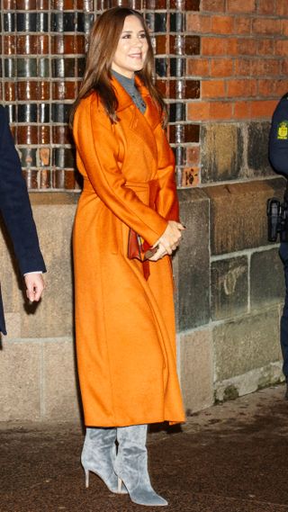 Queen Mary of Denmark leaves after the Christmas Eve service at Aarhus Cathedral in Aarhus on December 24, 2024