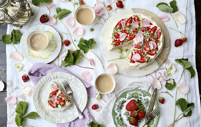 Strawberry, rose and pistachio dacquoise