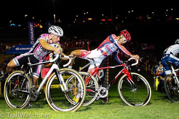 Jesse Anthony (California Giant Berry) and Derek St. John (Garneau Club Chaussures) rounding an uphill corner.