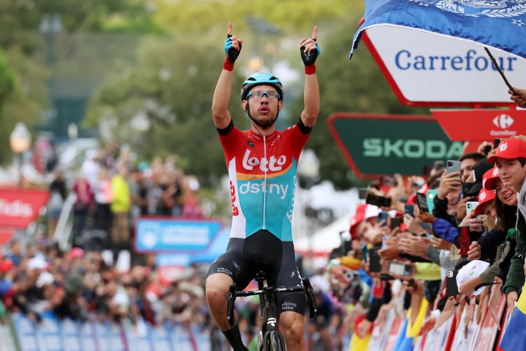 BARCELONA SPAIN AUGUST 27 Andreas Kron of Denmark and Team Lotto Dstny dedicates the victory to his late teammate Tijl De Decker of Belgium during the 78th Tour of Spain 2023 Stage 2 a 1818km stage from Matar to Barcelona UCIWT on August 27 2023 in Barcelona Spain Photo by Alexander HassensteinGetty Images