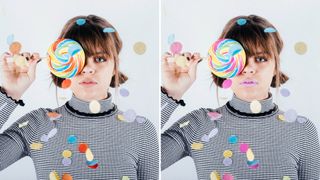 Different colour versions of a woman holding a lollipop in front of her right eye