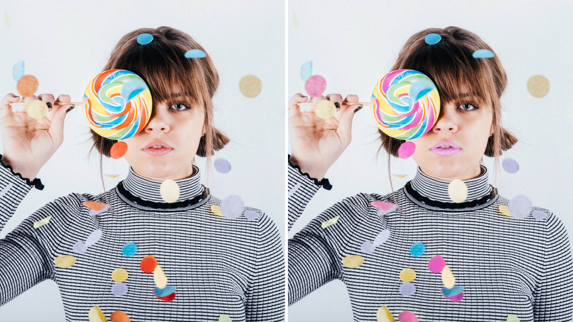 Different colour versions of a woman holding a lollipop in front of her right eye