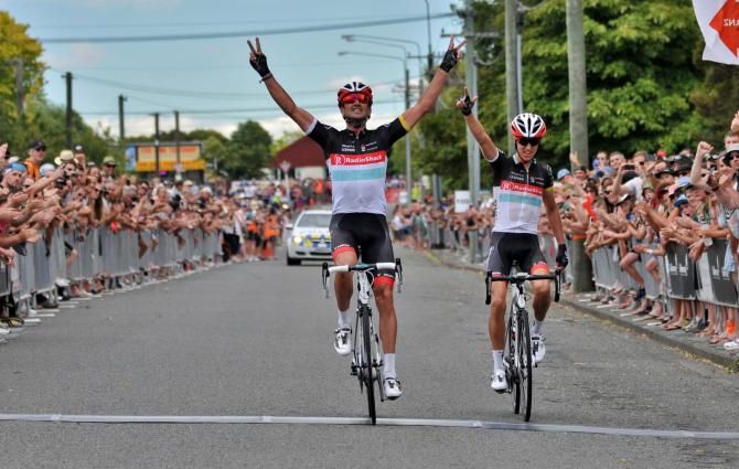 Hayden Roulston edges teammate George Bennett to win the 2013 New Zealand road national championships in Christchurch
