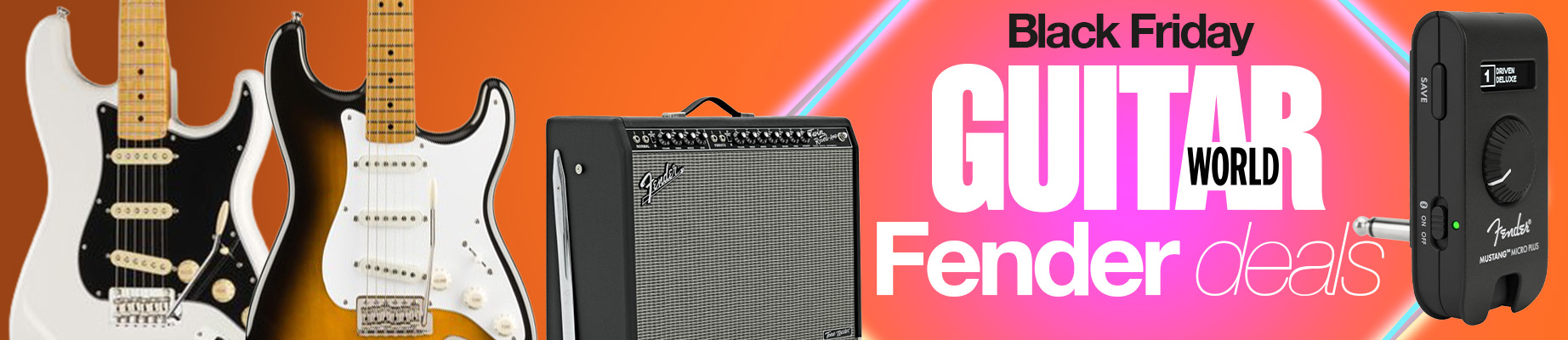 A selection of Fender gear on an orange background