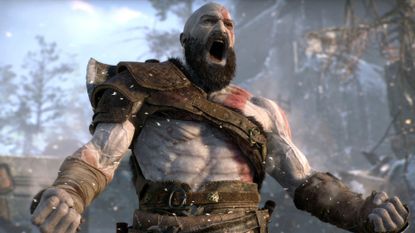 The PS5 PS Plus God of War game hero Kratos roaring in the snow