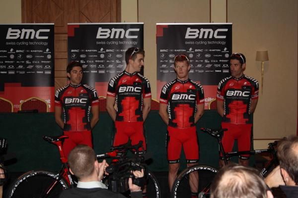 Larry Warbasse, Taylor Phinney, John Murphy and George Hincapie at the BMC presentation in Denia, Spain.