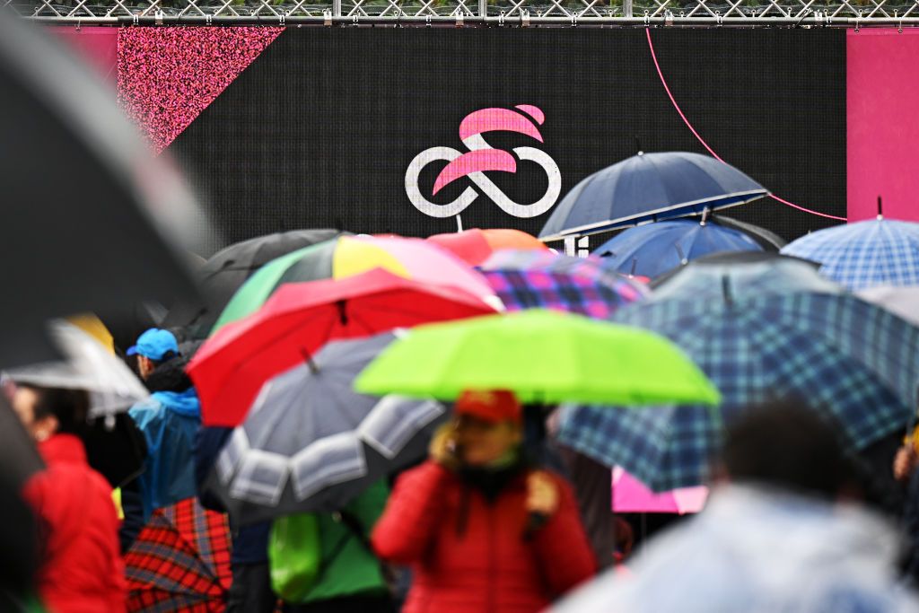 SCANDIANO ITALY MAY 16 Giro logo detail view prior to the 106th Giro dItalia 2023 Stage 10 a 196km stage from Scandiano to Viareggio UCIWT on May 16 2023 in Scandiano Italy Photo by Stuart FranklinGetty Images