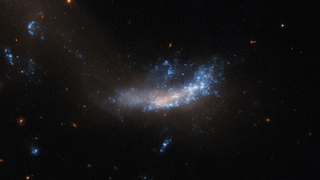 A galaxy that is flat and misshapen. Above and on its right it is covered by plumes of shining gas and dust, while its centre and left side are more dim and patchy. A trail of dark, dim dust stretches from below the galaxy up and off to the left, where there are three more bright patches. The background around the galaxy is quite dark, with only a few small background galaxies and one star visible