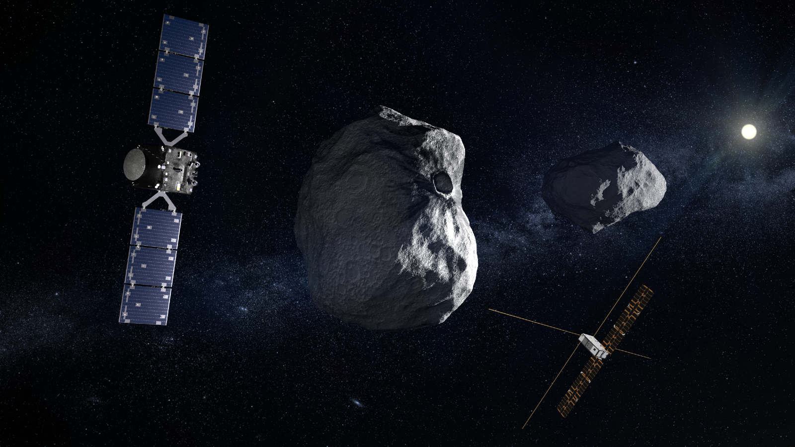 A large asteroid floats between two spacecraft with solar panels in outer space