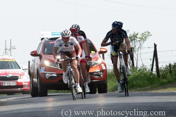 The day's first break with Anthony Ravard (AG2R), Martin Mortensen (Leopard Trek), Martijn Keizer (Vacansoleil) and Julien El Fares (Cofidis)
