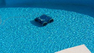 Pool robot vacuum submerged in pool water