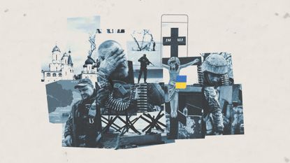 Collage of Ukrainian soldiers with scenes of war
