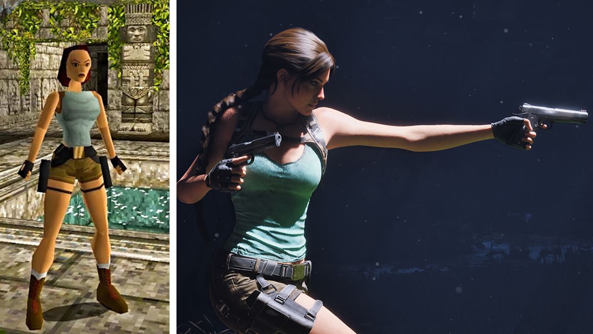 Screenshots showing the original Lara Croft in Tomb Raider vs the new Lara Croft in the new Tomb Raider games shown side by side