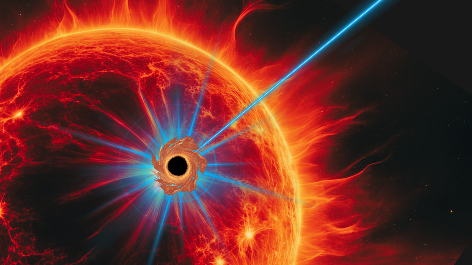 An illustration of a fiery-looking star with a black circle on it. Blue flashes protrude from the black circle.
