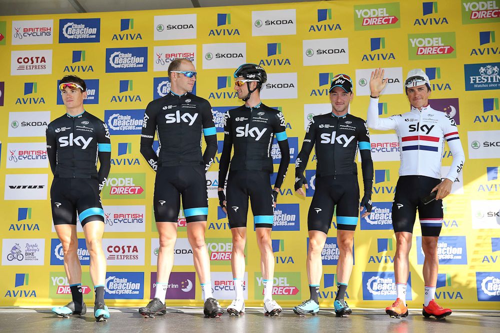 Team Sky get ready for the start of stage 3.