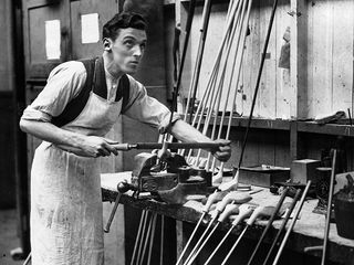 Working making steel golf clubs shafts in the 1920s
