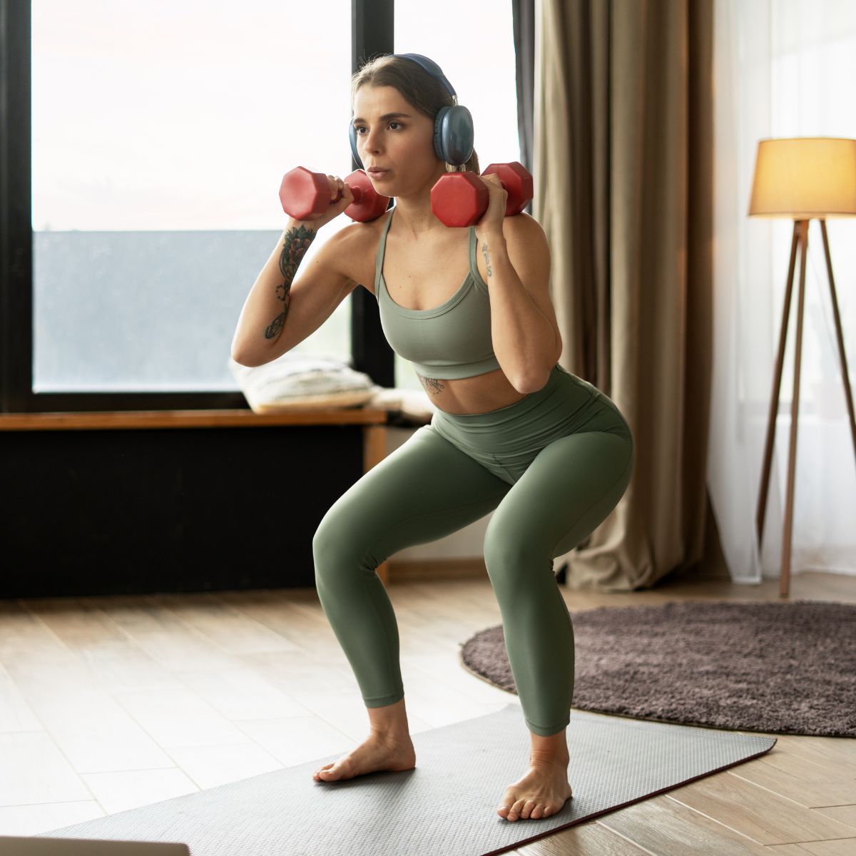 Grip strength test: A woman trying the grip strength test with a pair of dumbbells