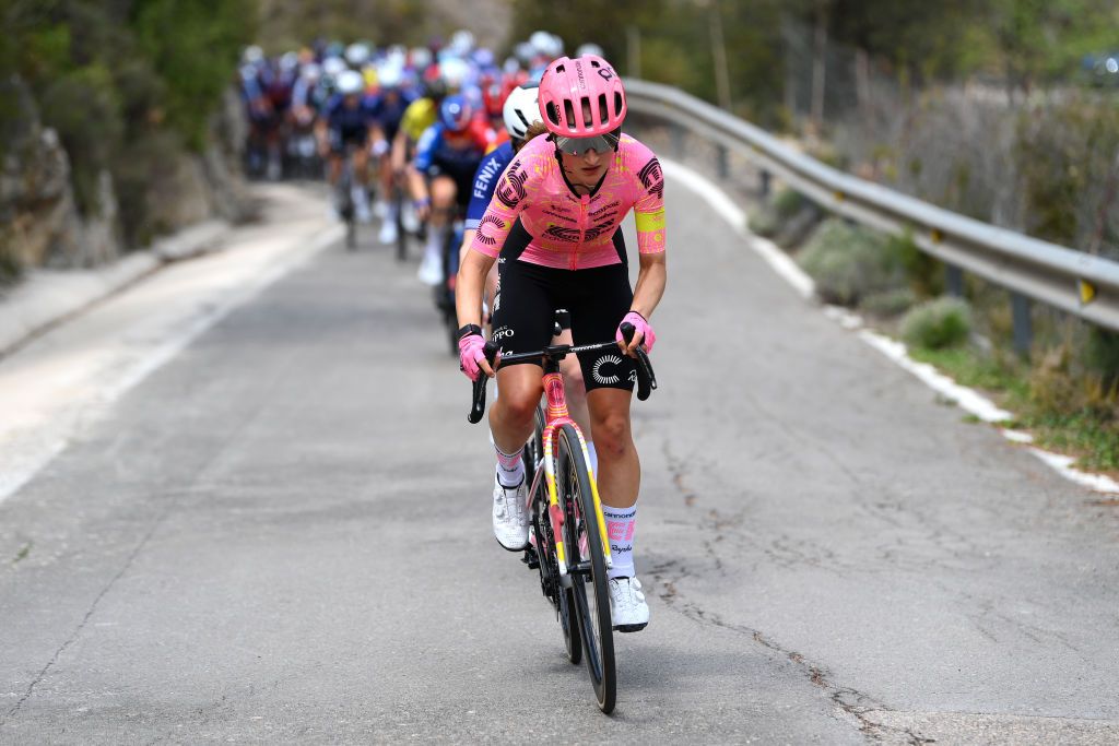 TERUEL SPAIN APRIL 30 Magdeleine Vallieres of Canada and Team EF EducationCannondale leads the peloton during the 10th La Vuelta Femenina 2024 Stage 3 a 1303km stage from Lucena del Cid to Teruel UCIWWT on April 30 2024 in Teruel Spain Photo by Alex BroadwayGetty Images