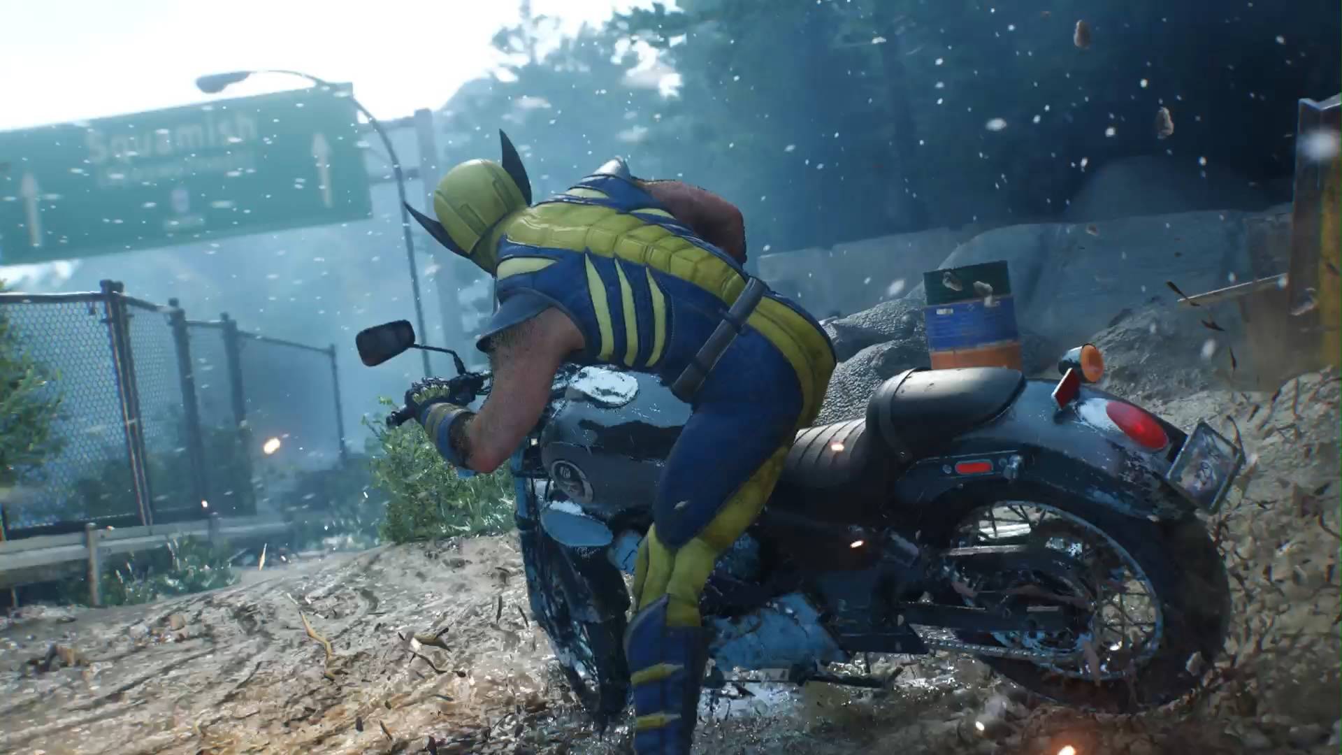 Marvel's Wolverine guide wolverine drifting a motorcycle off-road next to a highway