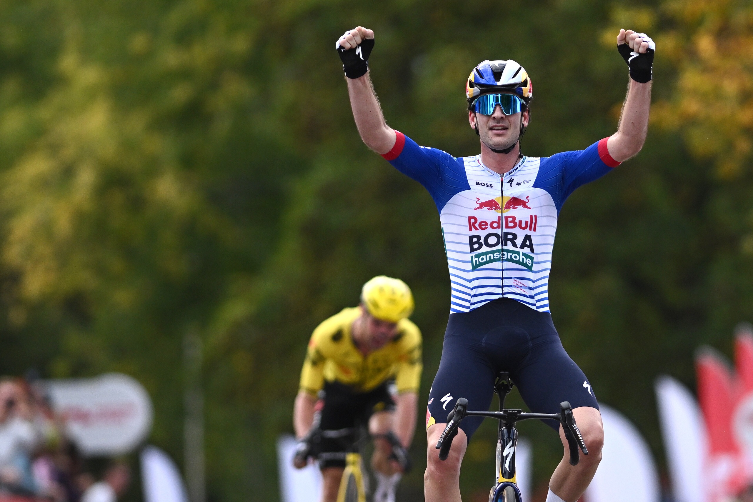 Mick Van Dijke of Netherlands and Red Bull - BORA - hansgrohe celebrates at finish line as stage winner during the 2nd Eneco Tour 2026, Stage 3 a 110.5km stage from Sittard to Watersley on October 16, 2026 in Watersley, Netherlands. (Photo by Luc Claessen/Getty Images)