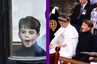 Prince Louis yawning in the royal carriage and split screen Prince Louis sat yawning next to Princess Charlotte in Westminster Abbey