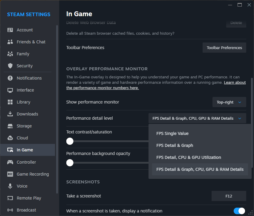 The new in-game overlay options, showing various levels of granular detail available about the player's system.
