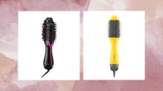 Collage of two images showing the Revlon One-Step Volumiser (left) and the Drybar Double Shot Blow Dryer Brush (right) in white boxes against a pink and beige watercolour-style background