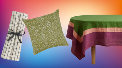 linen napkins, throw pillow, and block-color tablecloth on a colorful background
