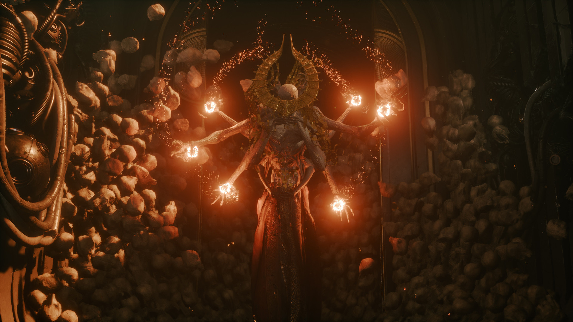 Screenshot from the video game Saros, showing a six-armed god-like creature facing away from the camera. Each of the six hands has a fireball hovering above it.