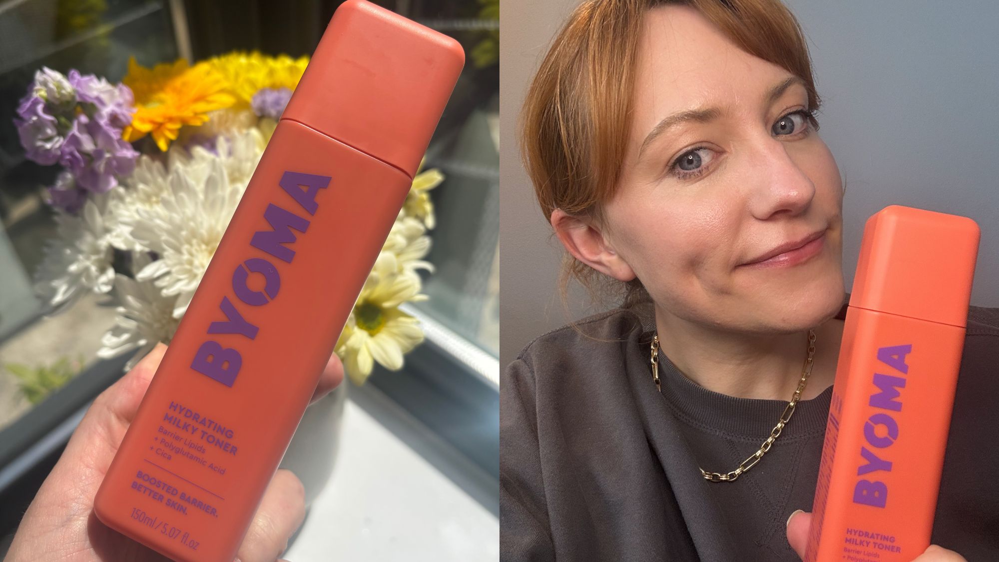 a bottle of byoma milky toner next to a headshot of matilda