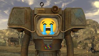 Fallout New Vegas screenshot from ultrawide PC gaming monitor showing robot with crying face