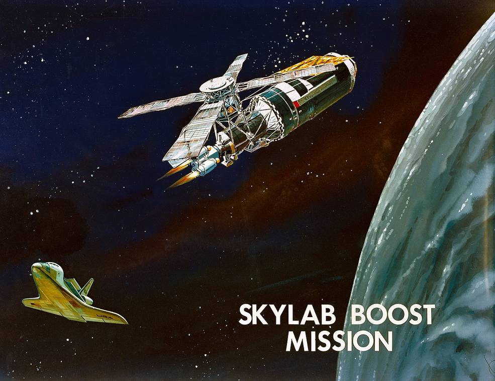 An image showing NASA's proposed space shuttle mission to boost Skylab. Delays to the shuttle's launch meant the station fell out of orbit before a shuttle ever flew.
