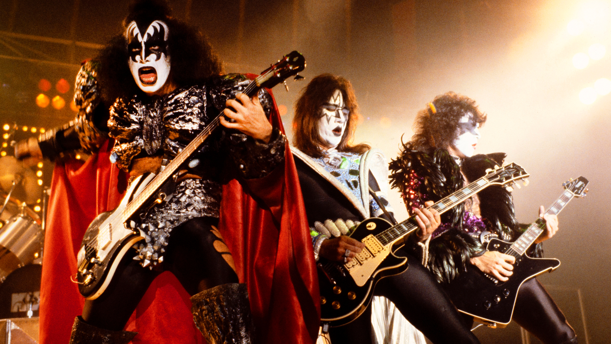 Gene Simmons (born in 1949), Paul Stanley (born in 1952), Eric Carr (1950-1991), Ace Frehley (born in 1951), members of the American hard rock band Kiss, performing live on stage at the Pantin racecourse. Paris (19th arrondissement), September 27, 1980