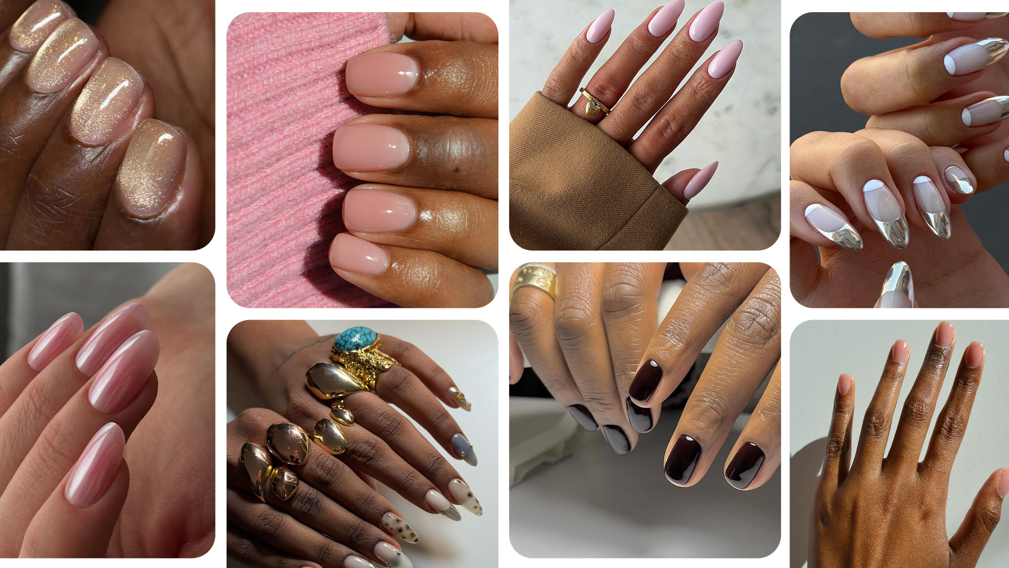 A collage of different types of manicures on different skin tones.