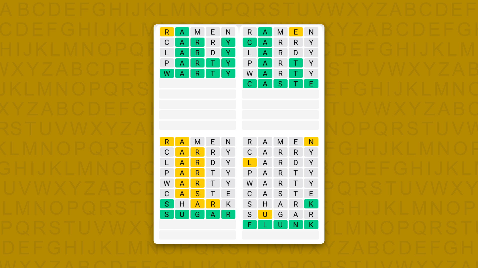 Quordle Daily Sequence answers for game 1741 on a yellow background