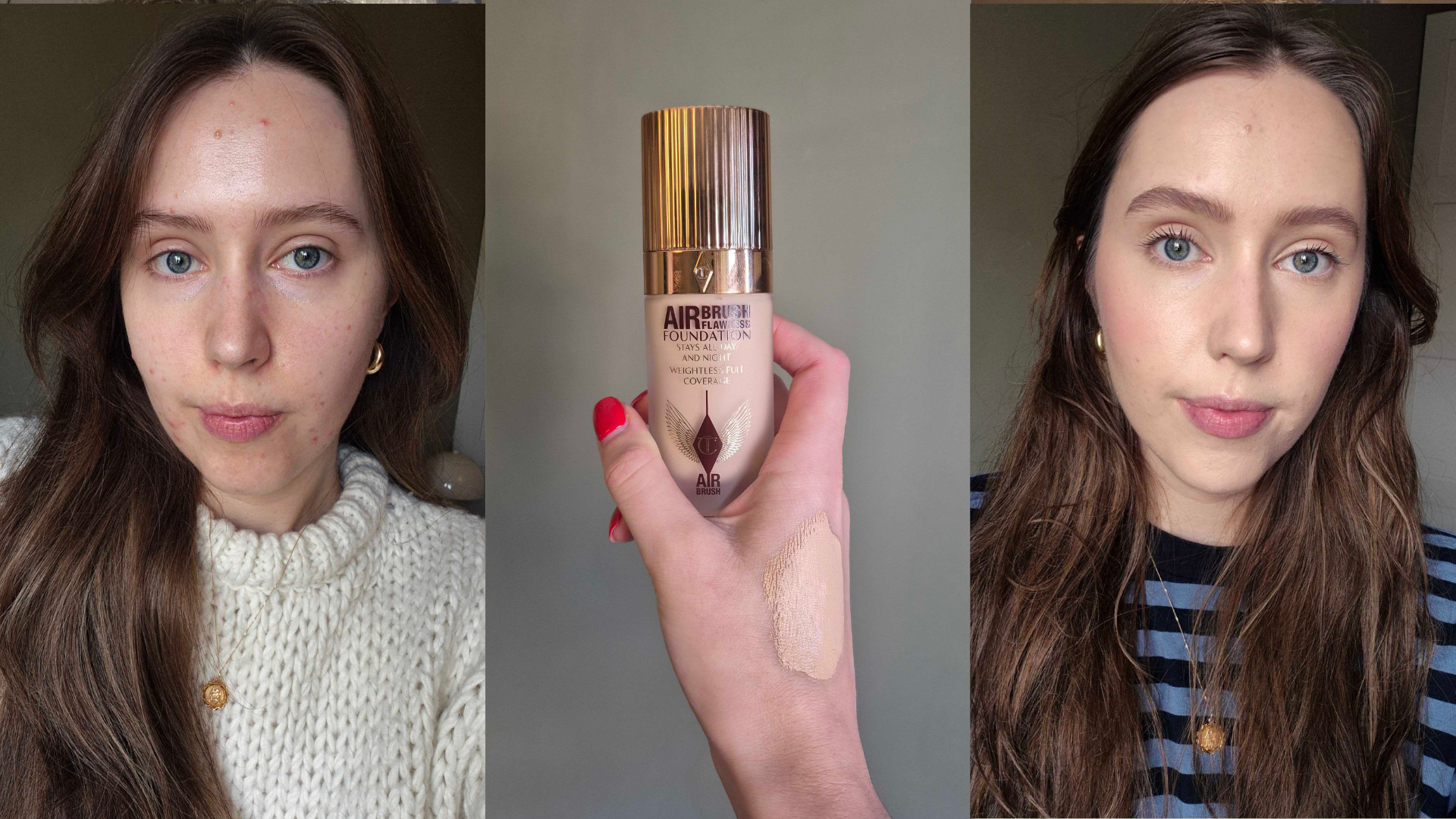 Trio of images showing Naomi before applying the Charlotte Tilbury Airbrush Foundation (left) a swatch on the back of her hand while holding the product (centre) and wearing the foundation (right)