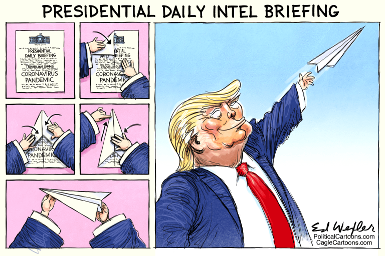 Political Cartoon U.S. Trump daily briefings paper airplane