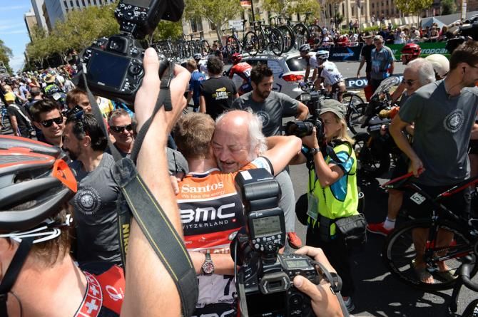 Rohan Dennis celebrates his win.