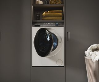 Washing machine with grey cupboards