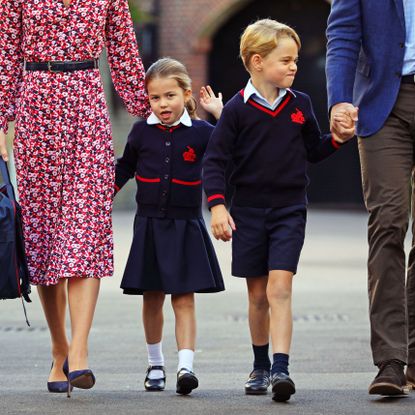 london, united kingdom september 5 princess charlotte, waves as she arrives for her first day at school, with her brother prince george and her parents the duke and duchess of cambridge, at thomas's battersea in london on september 5, 2019 in london, england photo by aaron chown wpa poolgetty images