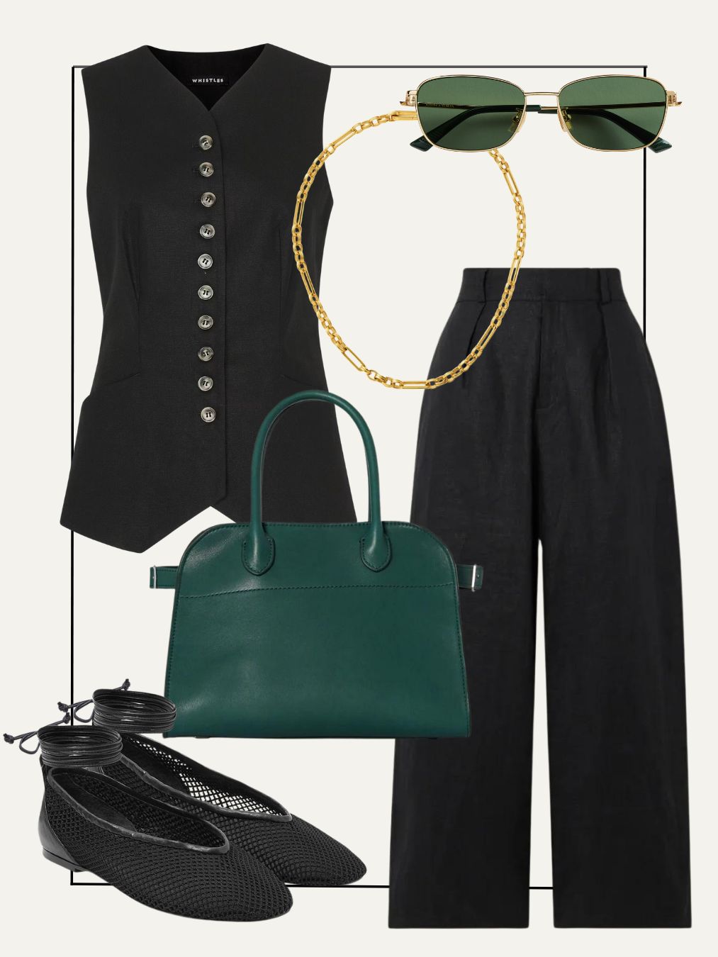 Collage of waistcoat, linen trousers, bag, mesh shoes, necklace, sunglasses