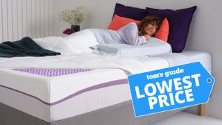 Woman lying on a Purple mattress, with Lowest Price flag overlaid