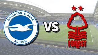 The Brighton & Hove Albion and Nottingham Forest club badges on top of a photo of The Amex Stadium in Brighton, England