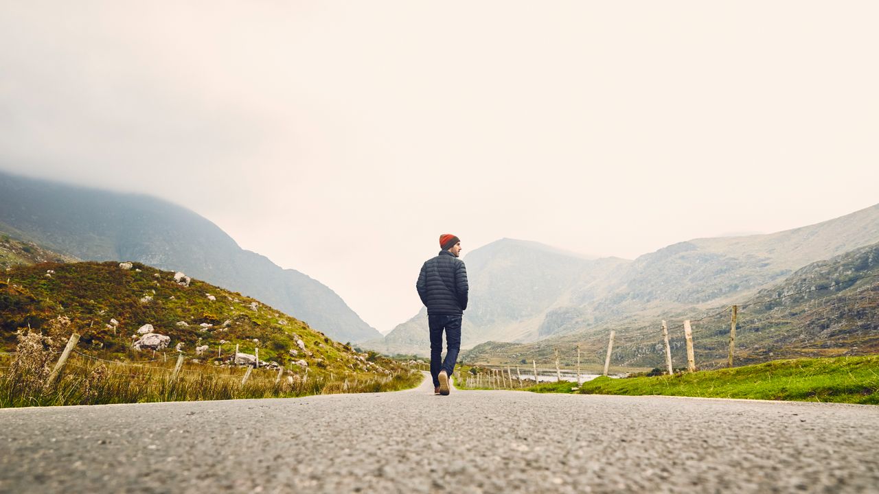 Man walking down a countryside road