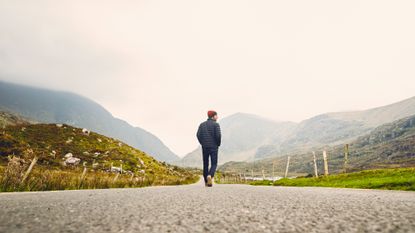 Man walking down a countryside road