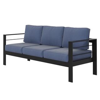 Wisteria Lane Patio Furniture Aluminum Sofa, All-Weather Outdoor 3 Seats Couch, Black Metal Chair With Blue Cushions